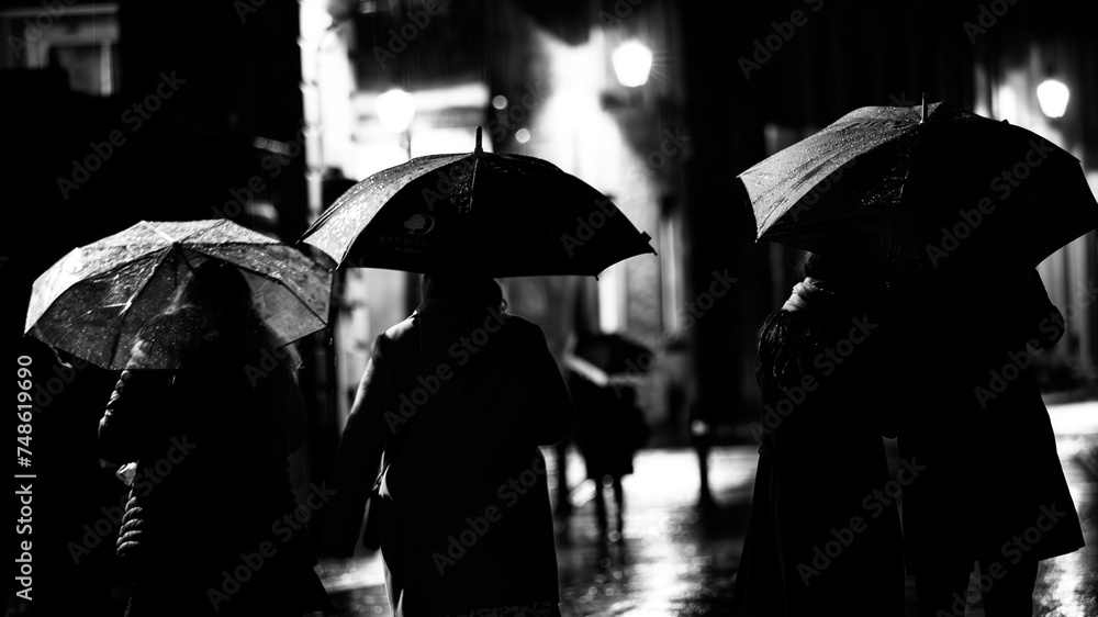 In a monochromatic scene, figures traverse the rain under umbrellas, capturing the timeless essence of urban life amidst precipitation, where each person weathers the storm with resilience and purpose