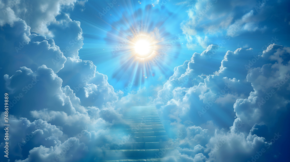 Symbolic staircase made of clouds ascending towards a radiant conceptual and inspirational represent hope. - obrazy, fototapety, plakaty 