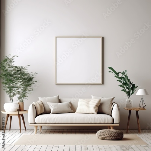 mock up poster frame in modern interior background, living room, Scandinavian style, 3D render, 3D illustration