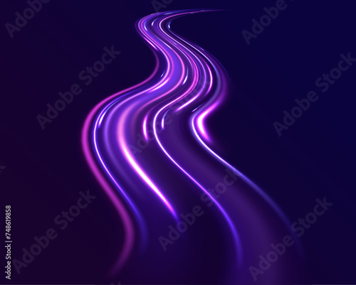 Long exposure of motorways as speed. Speed connection vector background. Light and stripes moving fast over dark background. Purple glowing wave swirl, impulse cable lines. Long time exposure. Vector