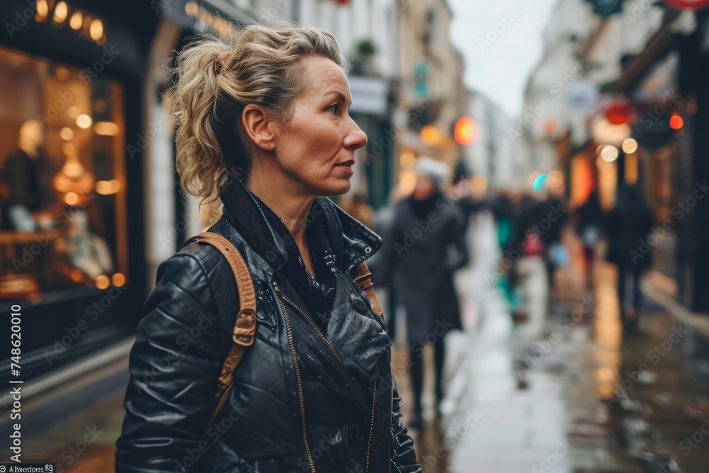 Portrait of a young woman in a city street. Blonde girl in a black leather jacket on the background of the street Portrait of a young woman in a city street. Blonde girl in a black leather jacket on the background of the street