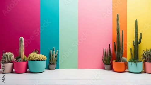 beautiful cacti in colored pots on a multi-colored wall background