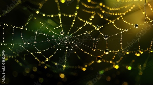 a close up of a spider web with drops of dew on the spider's web, with a green background.