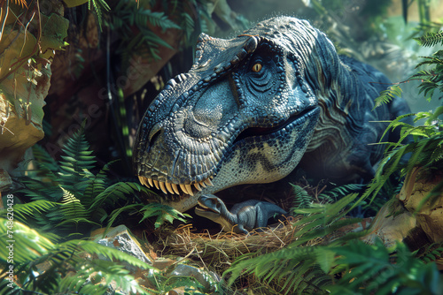 Tyrannosaurus Rex gently nuzzles its hatchling in a nest hidden amongst ferns and rocks