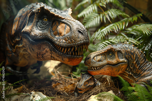 Tyrannosaurus Rex gently nuzzles its hatchling in a nest hidden amongst ferns and rocks © stockdevil