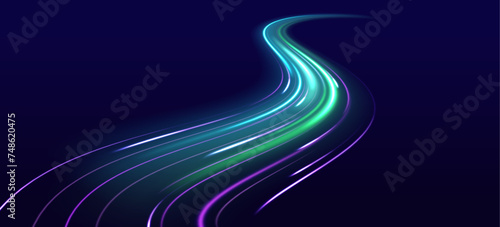 Long exposure of motorways as speed. Speed connection vector background. Light and stripes moving fast over dark background.  Purple glowing wave swirl, impulse cable lines. Long time exposure. Vector