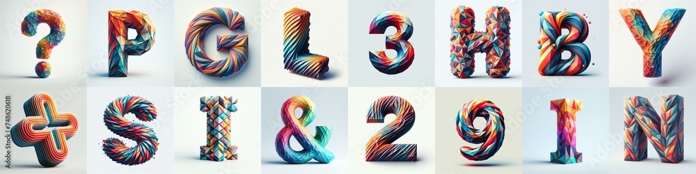 Modern 3D lettering blends Trianglify colors. AI generated illustration