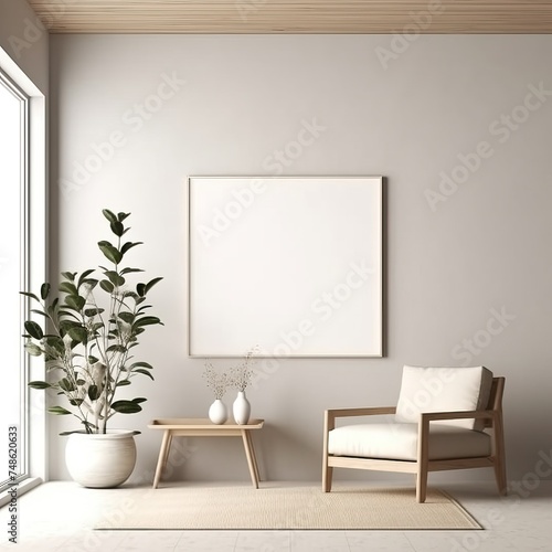 mock up poster frame in modern interior background, living room, minimalistic style, 3D render, 3D illustration  © Kaan