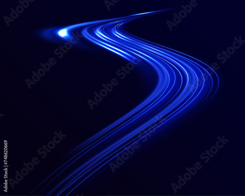 Abstract energy in the form of stripe, arc, curl and zigzag in neon colors with light effect. Light and stripes moving fast over dark background. High-speed light trails effect. 