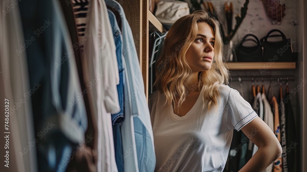 Beautiful woman with long hair standing in a wardrobe surrounded by clothing, embodying style and elegance in a closet setting Beautiful woman with long hair standing in a wardrobe surrounded by clothing, embodying style and elegance in a closet setting