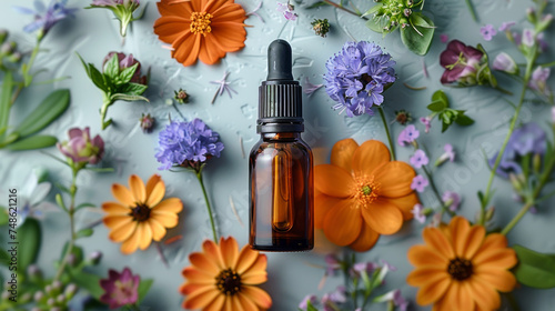 Aromatic Oil with Vibrant Floral Arrangement.
Amber bottle of essential oil amidst colourful flowers on a blue backdrop.