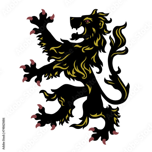 Heraldic lion illustration. Template, pattern, symbol, sign, line, icon, silhouette, tattoo, colorful. Isolated vector illustration.