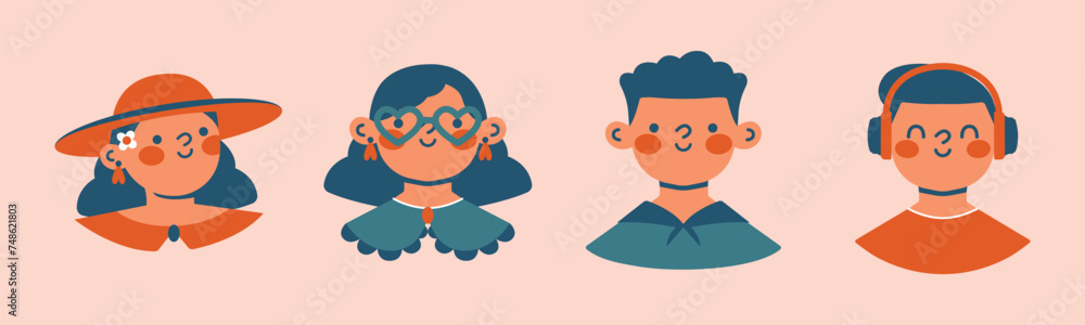 Collection of cute teenage girls, boys, kids, school girls and boys portraits. Set of different faces in eyeglasses, hat, collar, headphones. Clip arts with cartoon children. World Children's Day. Collection of cute teenage girls, boys, kids, school girls and boys portraits. Set of different faces in eyeglasses, hat, collar, headphones. Clip arts with cartoon children. World Children's Day.