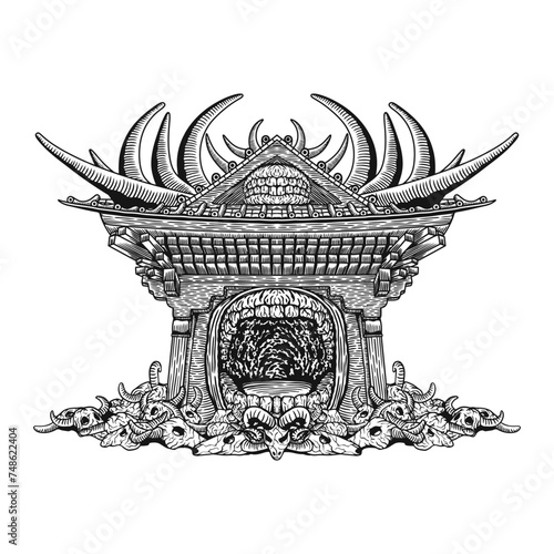 detailed line art tatto, illustration of wooden gate with skull, black domain