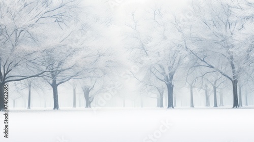 a snow covered park with trees and a bench in the foreground and a light dusting of snow on the ground.