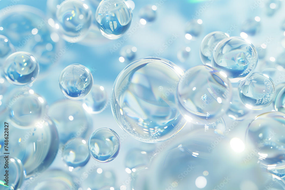 Translucent bubbles floating on a gentle blue backdrop.