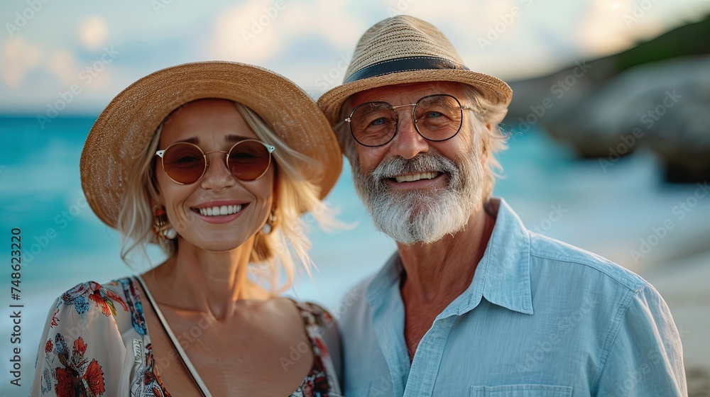 Happy beautiful mature couple relaxing on the beach near the ocean. Couple enjoying life and leisure at resort, related to travel, romance, beach vacations, and relaxation