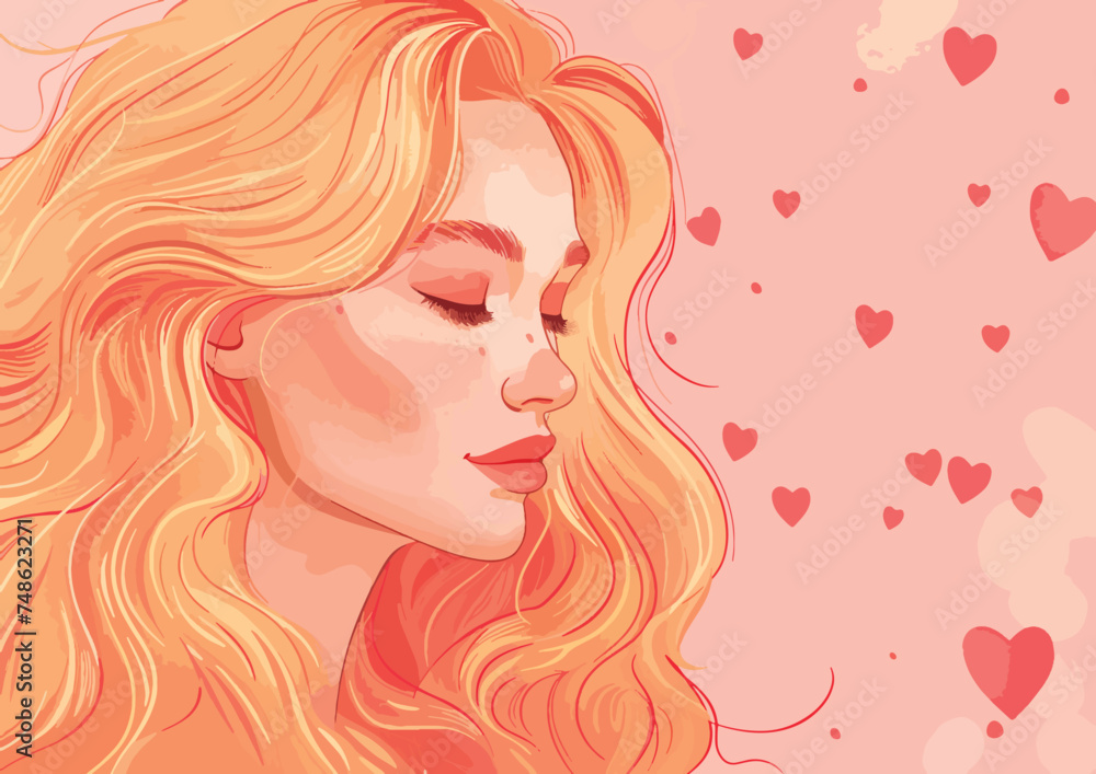Vector iilustration of young blond woman in love. Cove