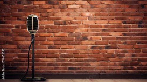 Pop microphone on the background of a brick wall. Neural network AI generated art