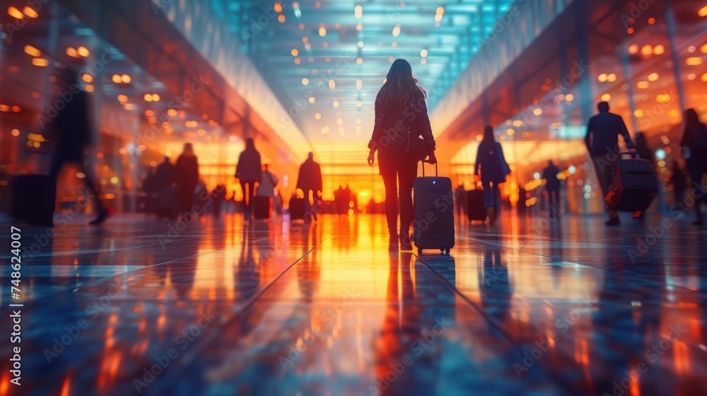 A dynamic long exposure shot capturing a crowd of people in motion, in a modern and bustling airport or station. The central figure, seen from behind, is walking with a rolling suitcase.