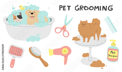 Pet Grooming Collection 1 cute on a white background, vector illustration.