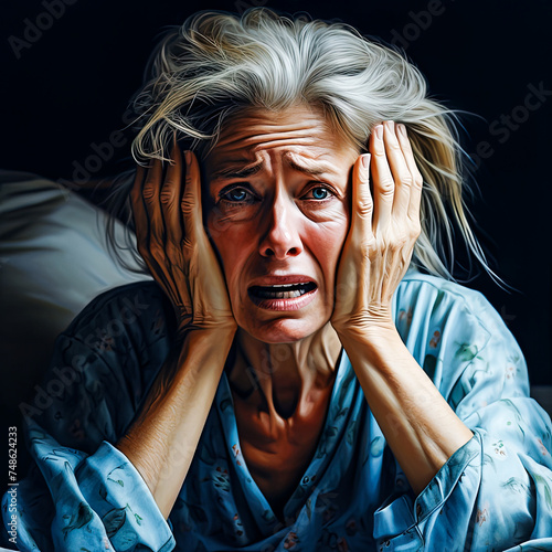 In the Quiet, Feelings Resound - Silent Desperation of an Elderly Woman with silver hair in a dimly lit room.