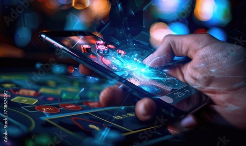 A gamer holding a mobile ph...