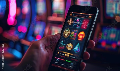 A gamer holding a mobile phone with online casino app interface, neon glowing photo
