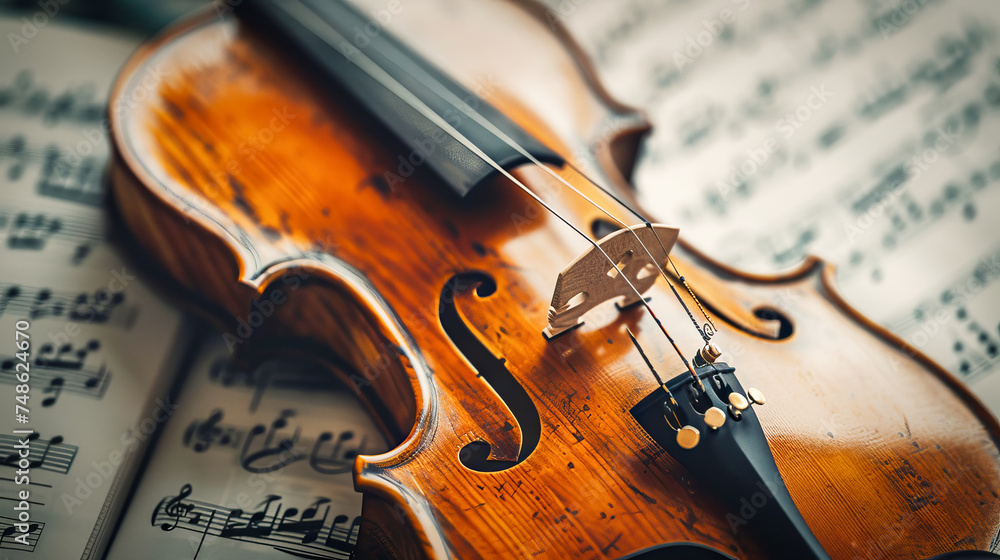 Fototapeta premium Closeup of a violin over music sheets. Classical music concept.