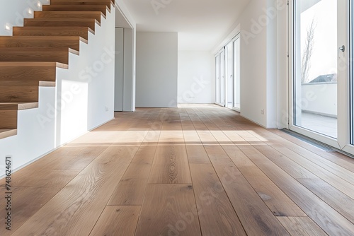 A room with wooden floors and stairs, devoid of furnishings.