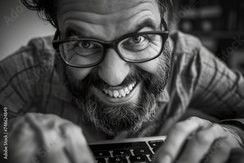 Comedy Writer typing away on a keyboard, with a wide grin and sparkling eyes as they come up with hilarious jokes and punchlines 