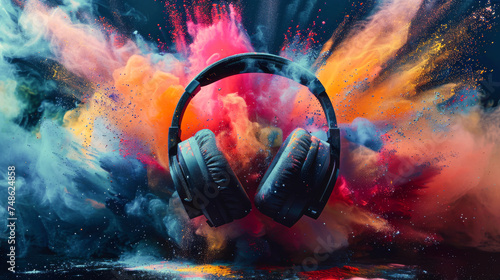 Black headphones surrounded by colorful powder clouds