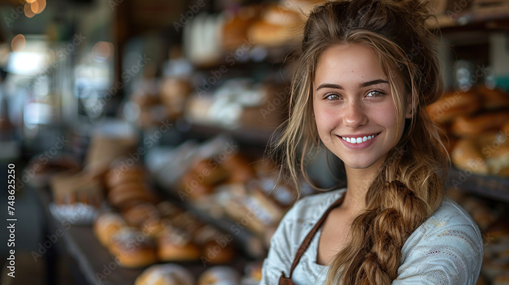 A happy female baker entrepreneur standing at the counter of bakery and coffee shop. Startup small business owner concept. A happy female baker entrepreneur standing at the counter of bakery and coffee shop. Startup small business owner concept.