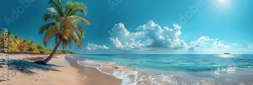 A palm tree on tropical beach with blue sky and white clouds background, Summer vacation and Travel concept. © tong2530