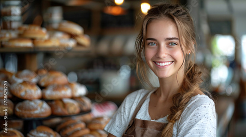 A happy female baker entrepreneur standing at the counter of bakery and coffee shop. Startup small business owner concept.