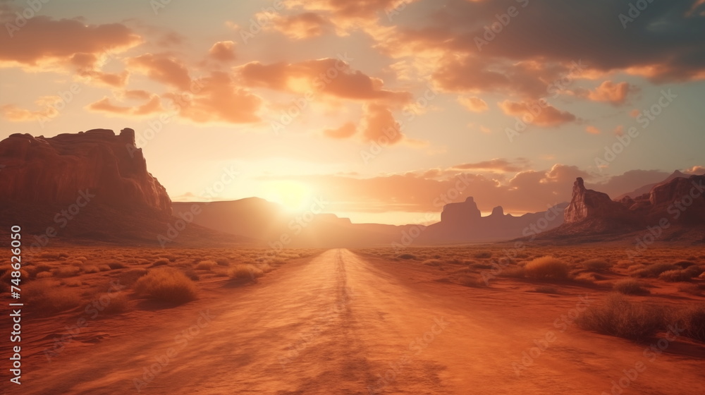 a road at desert with beautiful sunset, wallpaper or background of dirt road at desert