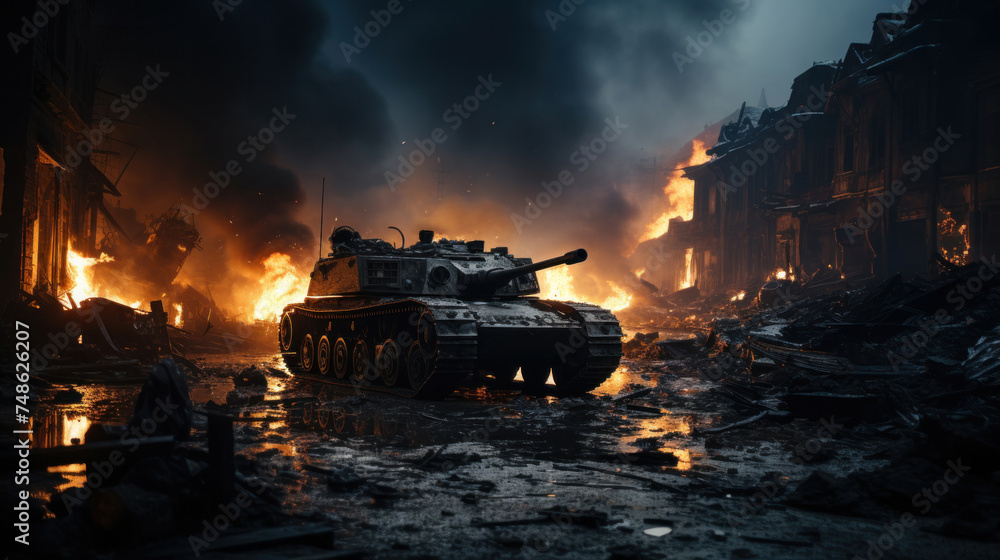 Fototapeta premium Armored tank crosses a mine field during war invasion epic scene of fire and some in destroyed city.