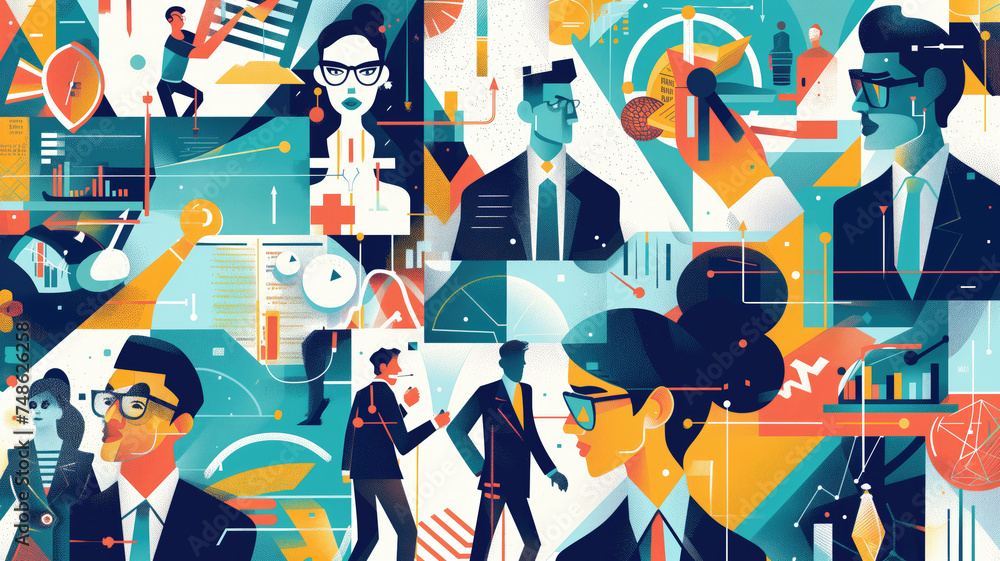 Business Concept Illustrations: Scenes with Men and Women thinking or talking about business . individuals examining trends, patterns, and insights.