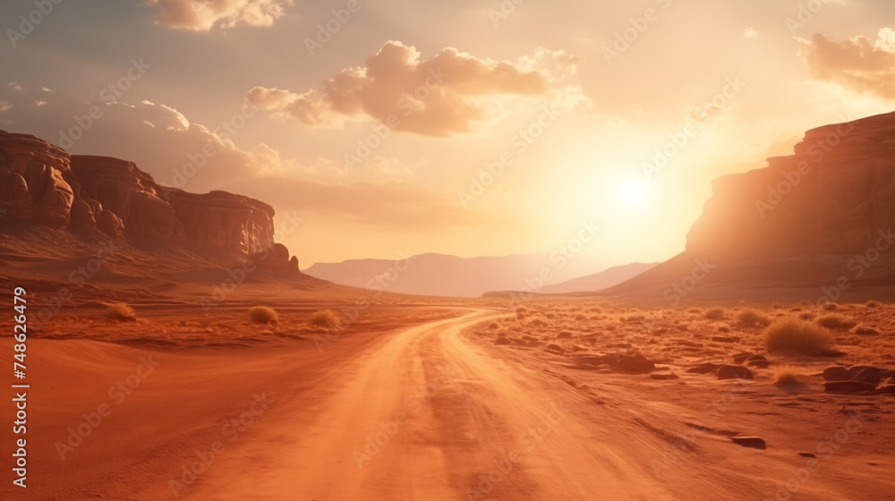 Naklejka premium a road at desert with beautiful sunset, wallpaper or background of dirt road at desert