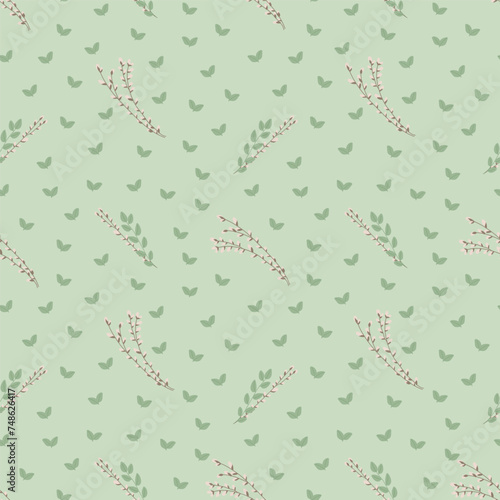 Easter pussy willows loop pattern. Vector pattern with flowering willow branches on a light green background with leaves. Seamless spring background for the holiday of Easter.