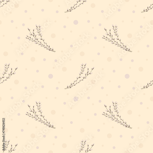 Easter pussy willows loop pattern. Vector pattern with flowering willow branches on a light yellow background. Seamless spring background for the holiday of Easter.