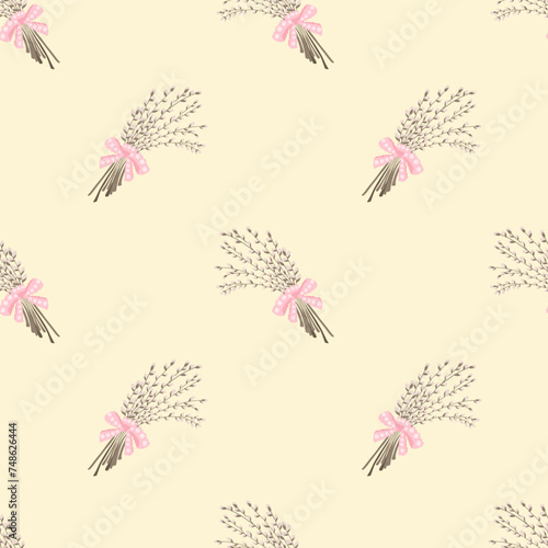 Easter pussy willows loop pattern. Vector pattern with flowering willow branches on a light yellow background. Seamless spring background for the holiday of Easter.