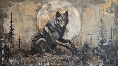 A night moment with a beautiful wolf in the background, the full moon is shining. Generative AI © Dvid
