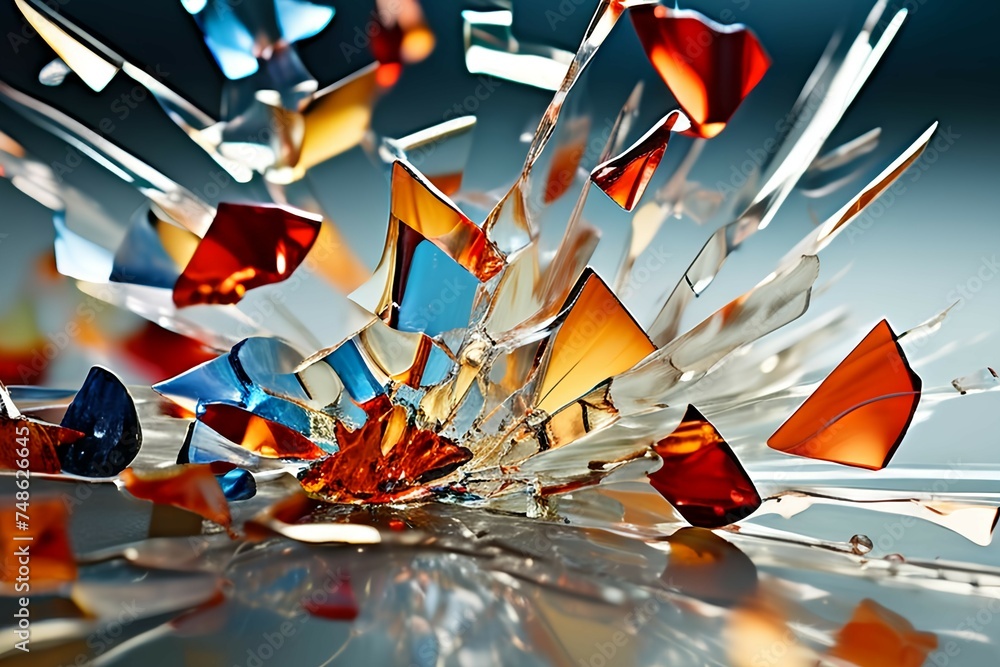 A shattered glass with colorful fragments flying out, representing the fragmentation of memory and identity in dementia and Alzheimer’s - obrazy, fototapety, plakaty 