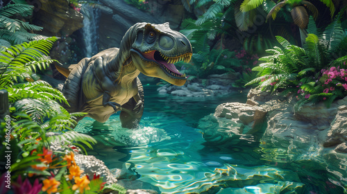 A colossal Tyrannosaurus rex in lagoon surrounded by lush ferns and vibrant flowers