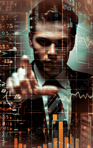 Transparent virtual screen with financial charts and a businessman behind that indicates a point