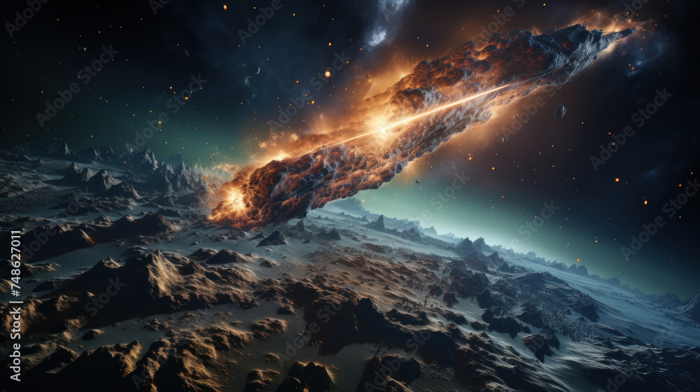 Fototapeta premium Meteor approaching earth, View from outer space