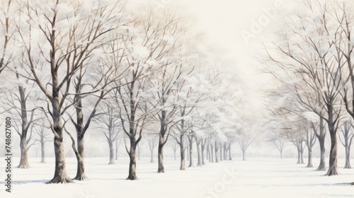 a painting of a snowy landscape with trees in the foreground and a light dusting of snow on the ground. © Alice