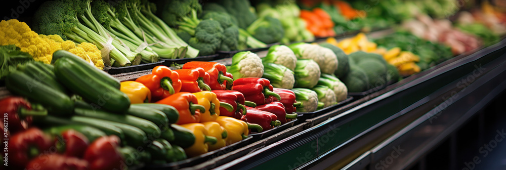 Supermarket aisle and Fresh vegetables on the shelf, with colorful shelves, diverse assortment of products.