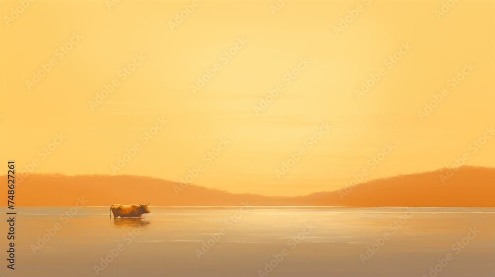 a cow standing middle large body of water in front yellow sky with mountains background.